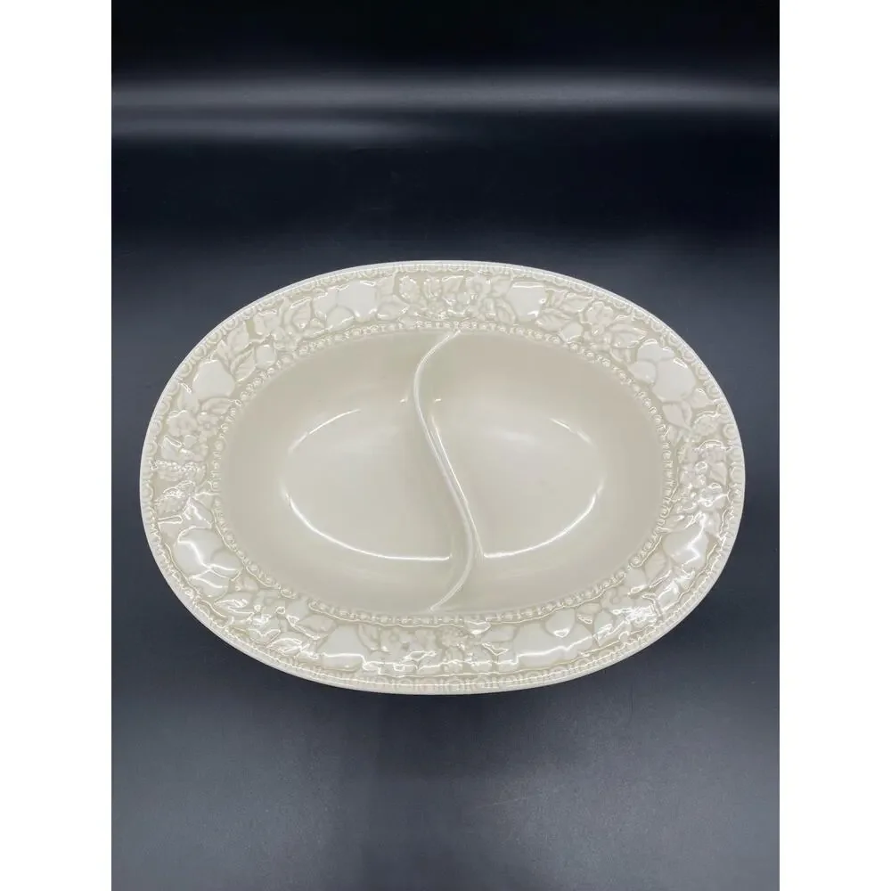Vintage Metlox Vernon Ware Embossed Antiqua Divided Oval Serving Bowl 12